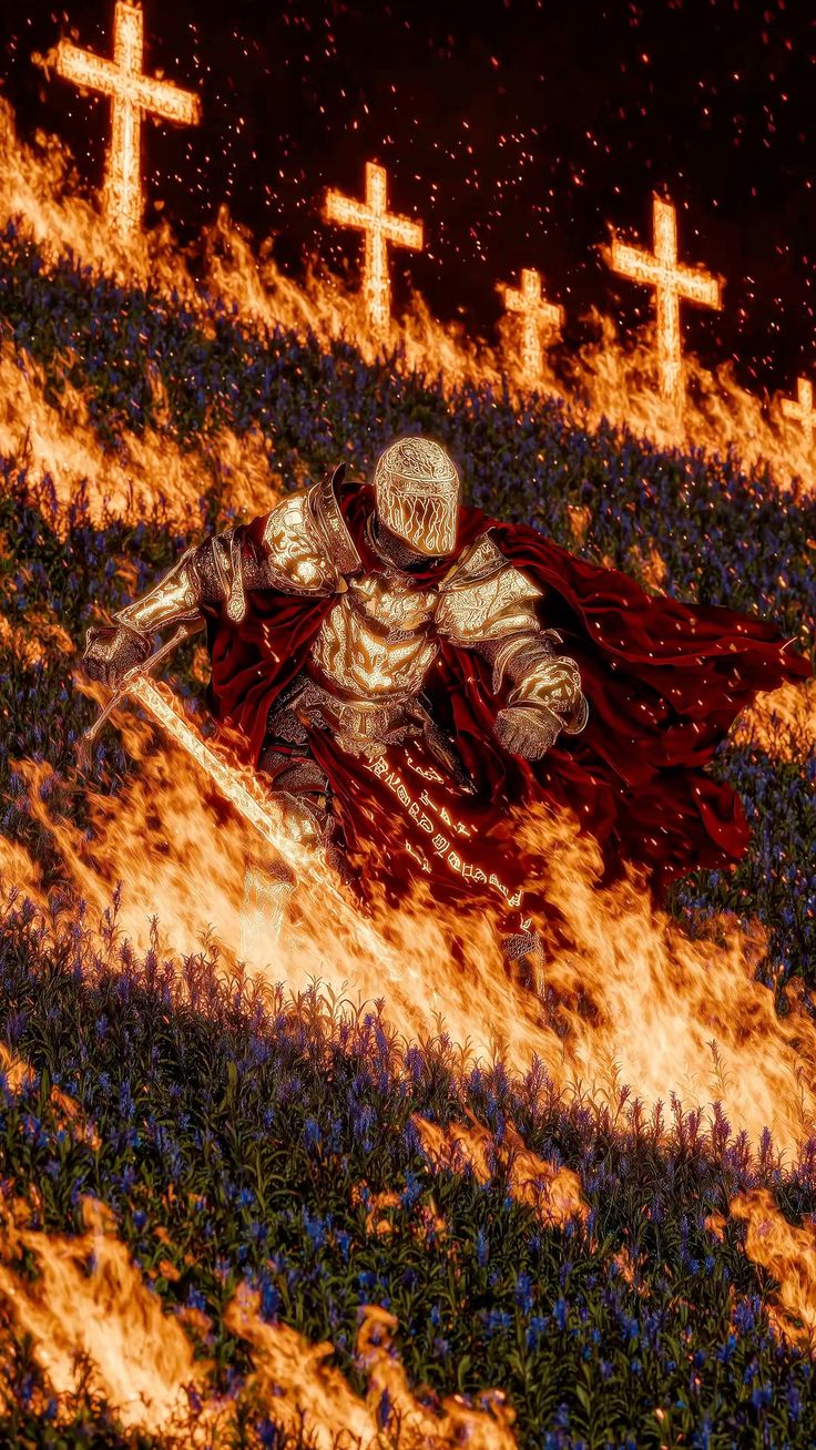 A warrior standing before fire and smoke